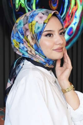 Ortanca Çiçek Desen Saks Soft Pamuk Eşarp - 1