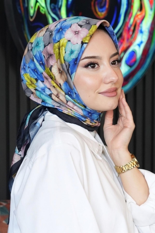 Ortanca Çiçek Desen Saks Soft Pamuk Eşarp - 1