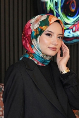 Tropikal Çiçek Desen Fuşya Soft Pamuk Eşarp - 1