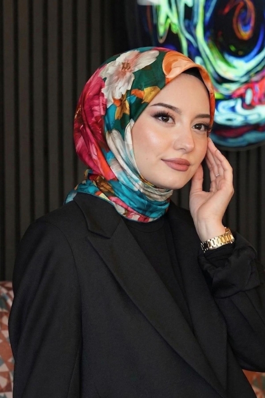 Tropikal Çiçek Desen Fuşya Soft Pamuk Eşarp - 1