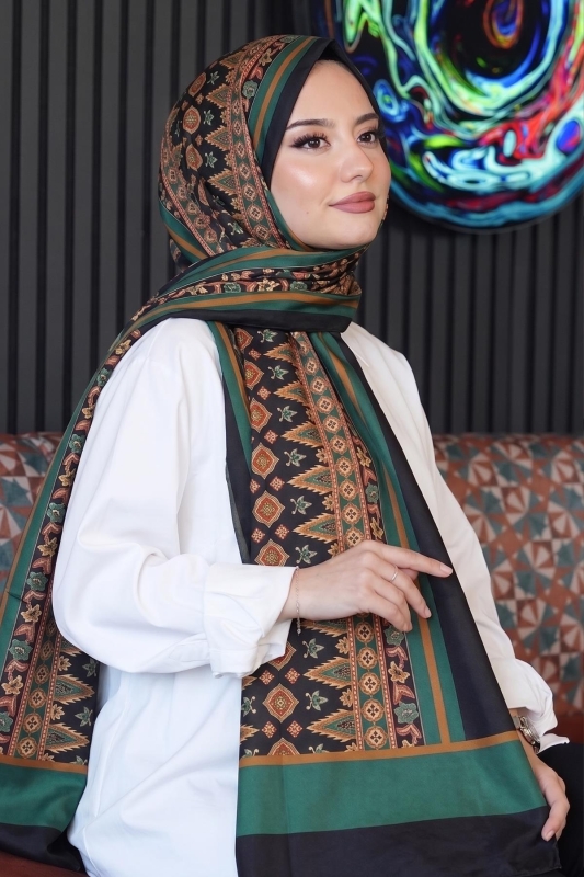Çiçek Desen Yeşil Soft Pamuk Şal - 1