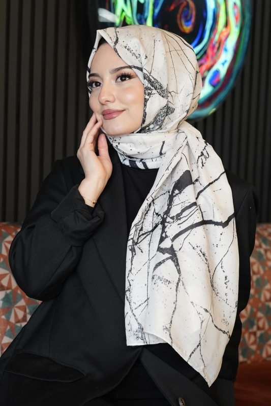 Mermer Desen Bej Soft Pamuk Şal - 1