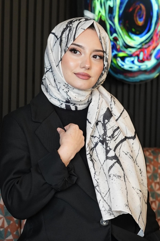 Mermer Desen Bej Soft Pamuk Şal - 2