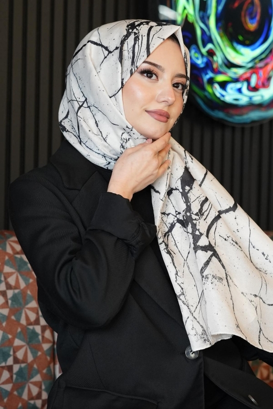 Mermer Desen Bej Soft Pamuk Şal - 4