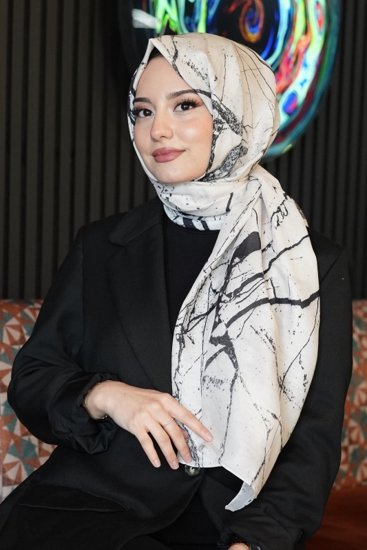 Mermer Desen Bej Soft Pamuk Şal - 5