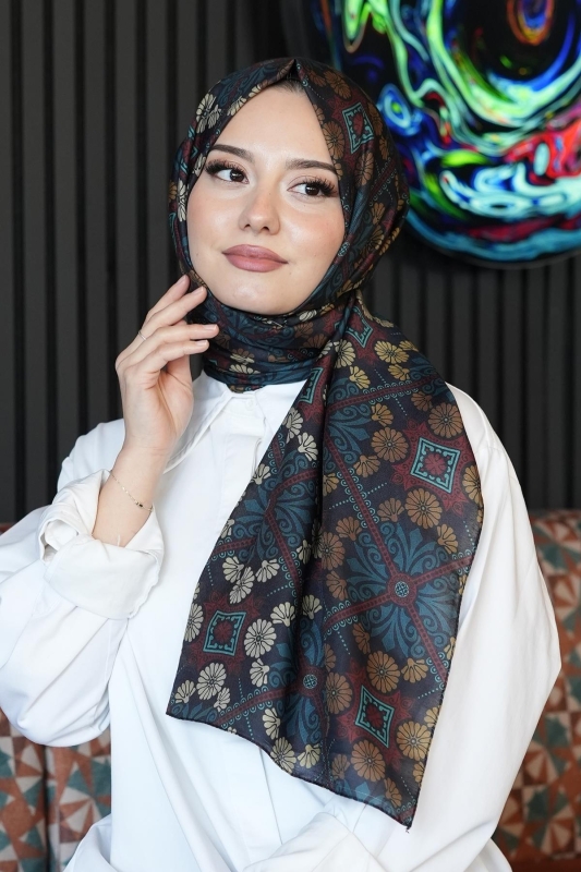 Çiçek Desen Koyu Yeşil Soft Pamuk Şal - 1