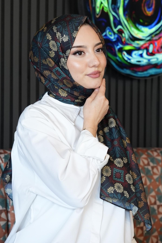 Çiçek Desen Koyu Yeşil Soft Pamuk Şal - 3