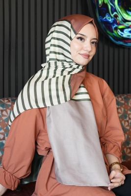 Çizgili Desen Haki Soft Pamuk Şal 