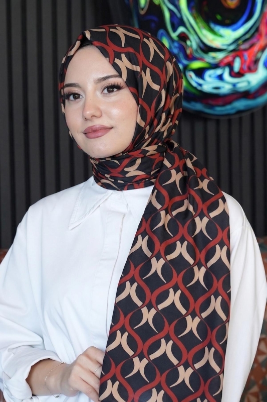 Geometrik Desen Kırmızı Soft Pamuk Şal - 1