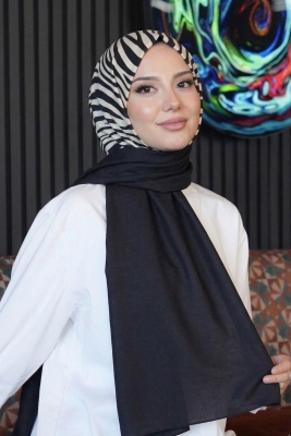 Çizgili Desen Siyah - Beyaz Soft Pamuk Şal 