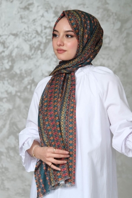 Etnik Desen Koyu Yeşil Soft Pamuk Şal 