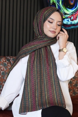 Etnik Desen Koyu Yeşil Soft Pamuk Şal 