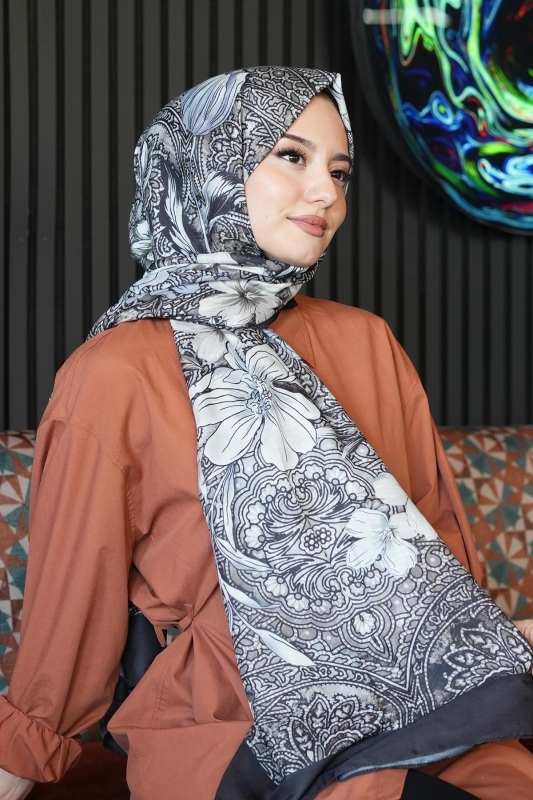 Barok Çiçek Desen Taş Soft Pamuk Şal - 1