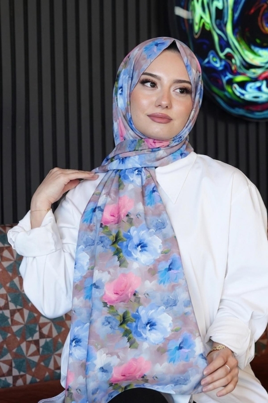 Çiçek Desen Mint Soft Pamuk Şal - 1