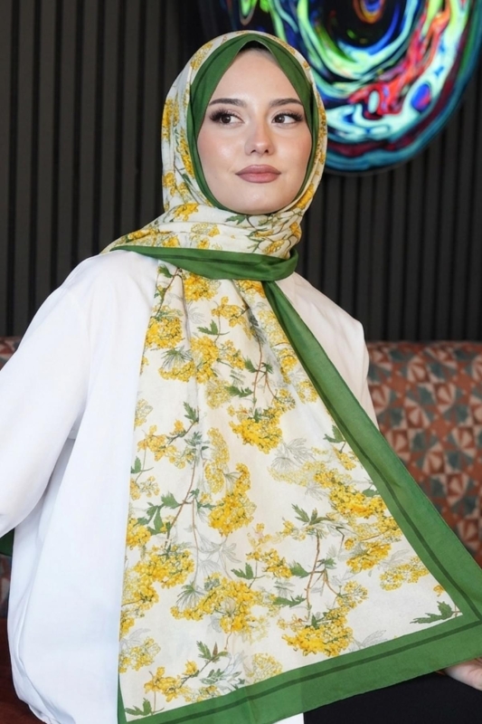 Çiçek Desen Sarı Soft Pamuk Şal - 1