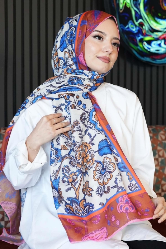 Çiçek Desen Turuncu Soft Pamuk Şal - 4