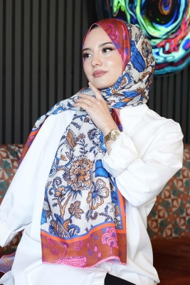 Çiçek Desen Turuncu Soft Pamuk Şal - 5