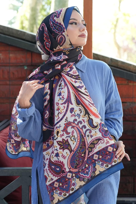Damla Motif Desen İndigo Soft Pamuk Şal - 1