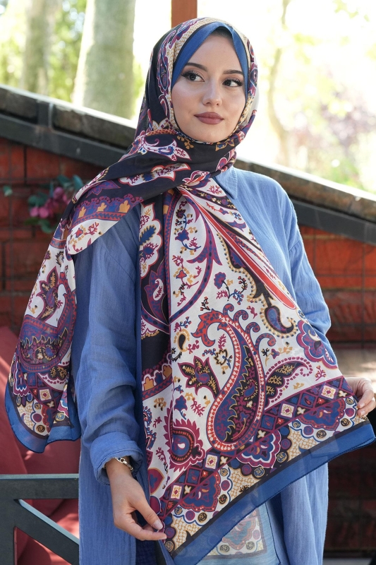 Damla Motif Desen İndigo Soft Pamuk Şal - 2