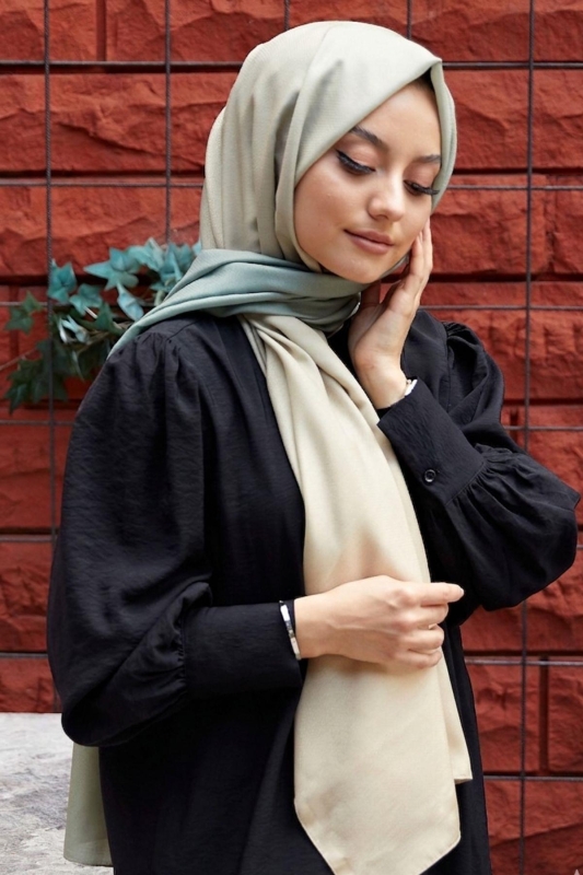 Degrade Desen Haki-Krem Soft Pamuk Şal - 1