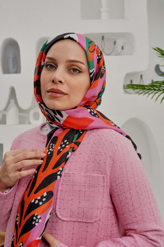 Tropikal Yaprak Desen Pembe Soft Pamuk Şal - 1