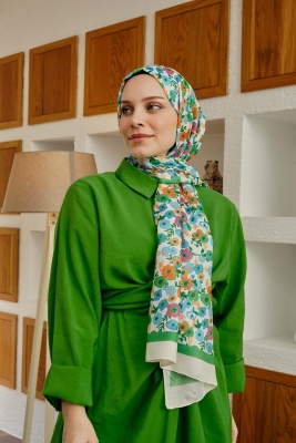 Çiçek Desen Yeşil Soft Pamuk Şal 