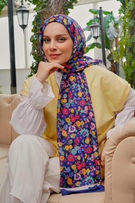 Çiçek Desen Lacivert Soft Pamuk Şal 