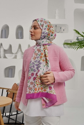Çiçek Desen Pembe Soft Pamuk Şal - 4