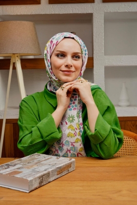 Çiçek Desen Yeşil Soft Pamuk Şal - 3