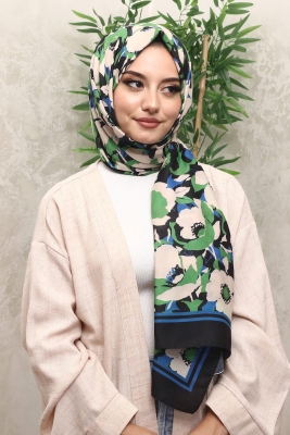 Çiçek Desen Yeşil Soft Pamuk Şal - AFVENTE
