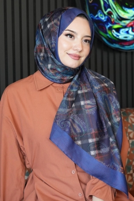 Ekose Paisley Desen Lacivert Soft Pamuk Şal - Afvente