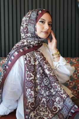 Etnik Desen Bordo Soft Pamuk Şal - 1