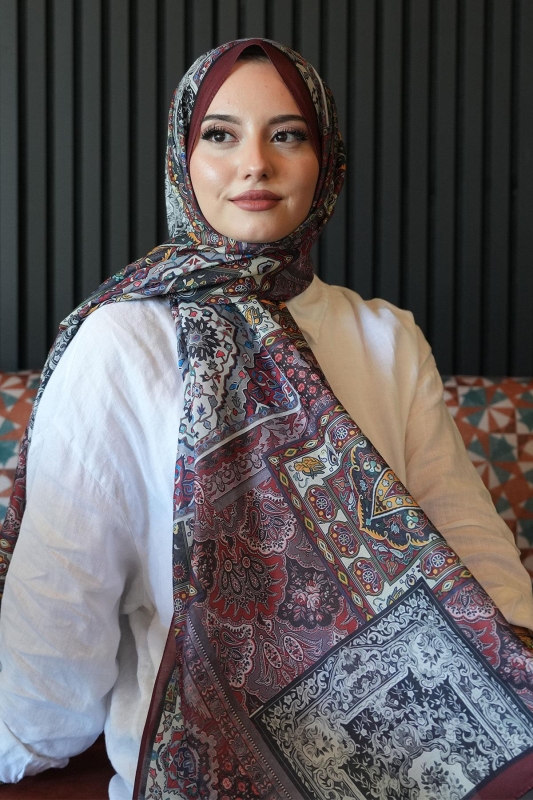 Etnik Desen Bordo Soft Pamuk Şal - 1