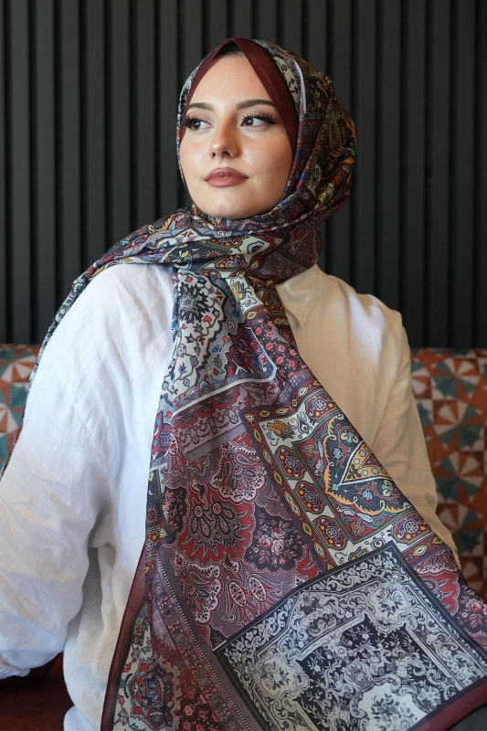 Etnik Desen Bordo Soft Pamuk Şal - 2