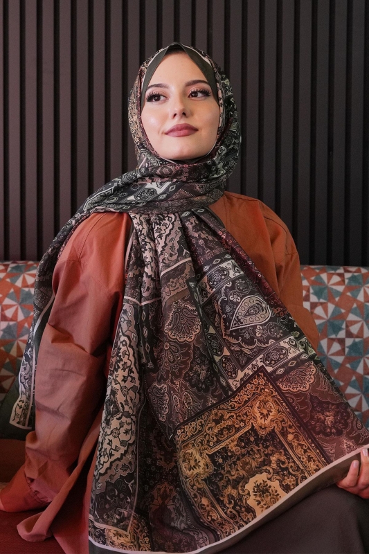 Etnik Desen Haki Soft Pamuk Şal - 1
