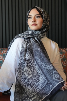 Etnik Desen Siyah Soft Pamuk Şal - 1