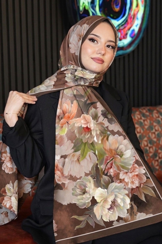 Floral Desen Kahve Soft Pamuk Şal - 1