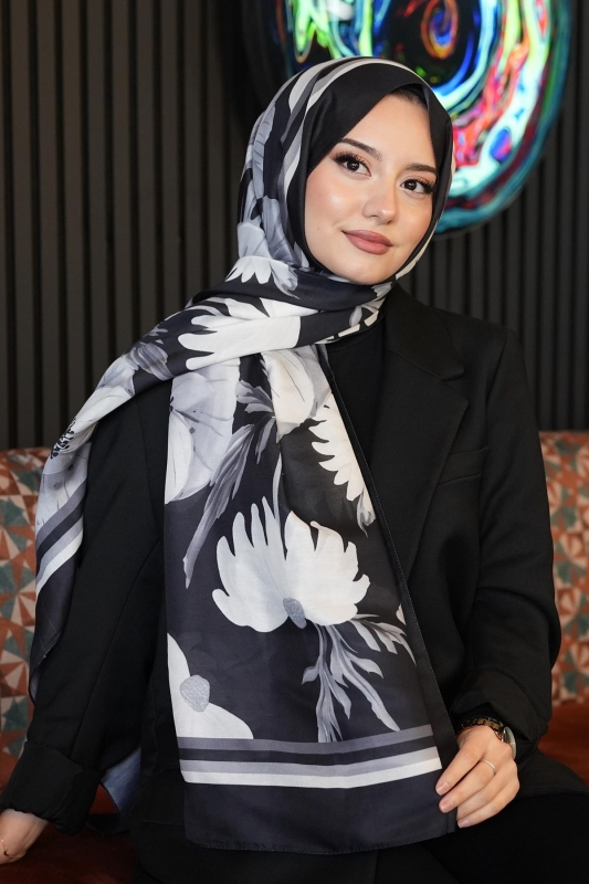 Gelincik Desen Siyah Soft Pamuk Şal - 1