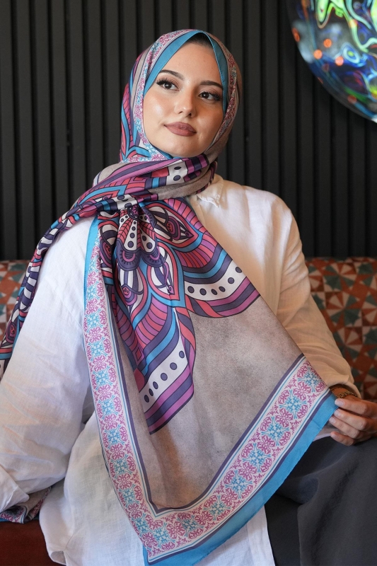 Geometrik Desen Mor Soft Pamuk Şal - 4