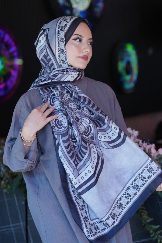 Geometrik Desen Siyah Soft Pamuk Şal - 1