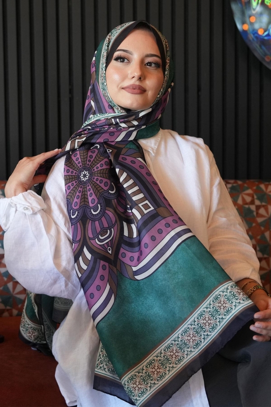 Geometrik Desen Zümrüt Soft Pamuk Şal - 1