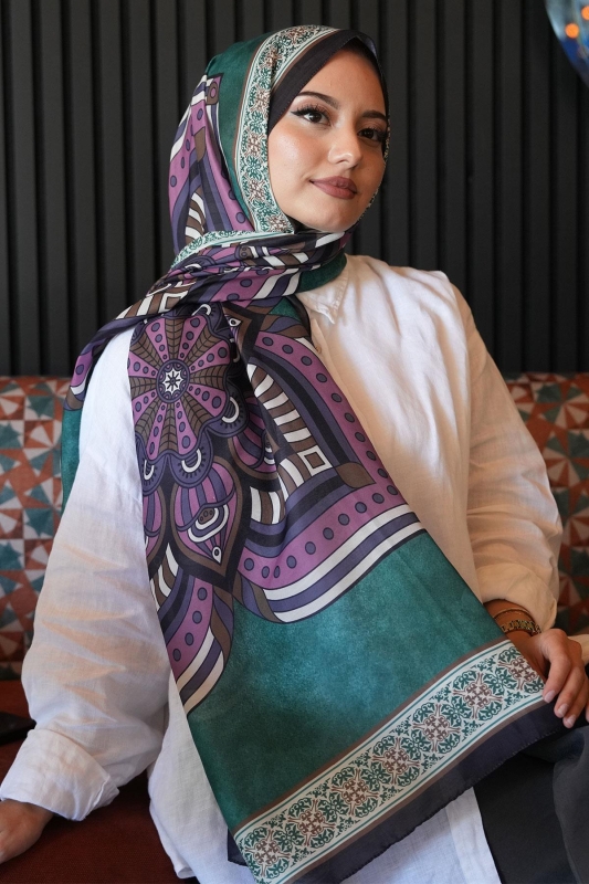 Geometrik Desen Zümrüt Soft Pamuk Şal - 2