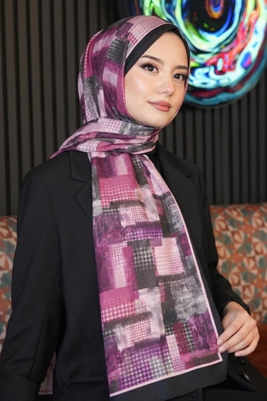 Kare Desen Şarabi Soft Pamuk Şal - 1