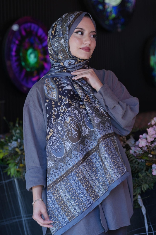 Karma Motif Desen Füme Soft Pamuk Şal - 2
