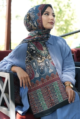 Karma Motif Desen İndigo Soft Pamuk Şal - 3