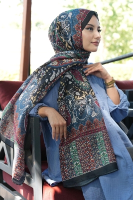 Karma Motif Desen İndigo Soft Pamuk Şal - Afvente