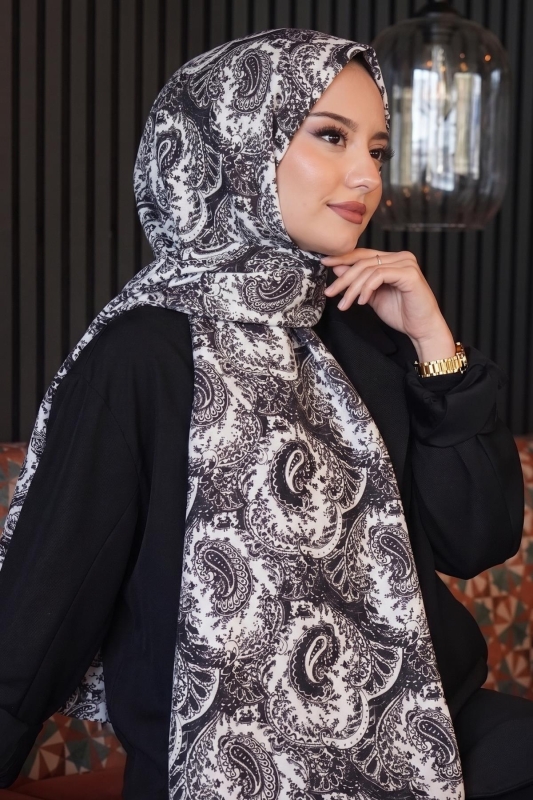 Klasik Paisley Desen Siyah-Beyaz Soft Pamuk Şal - 1