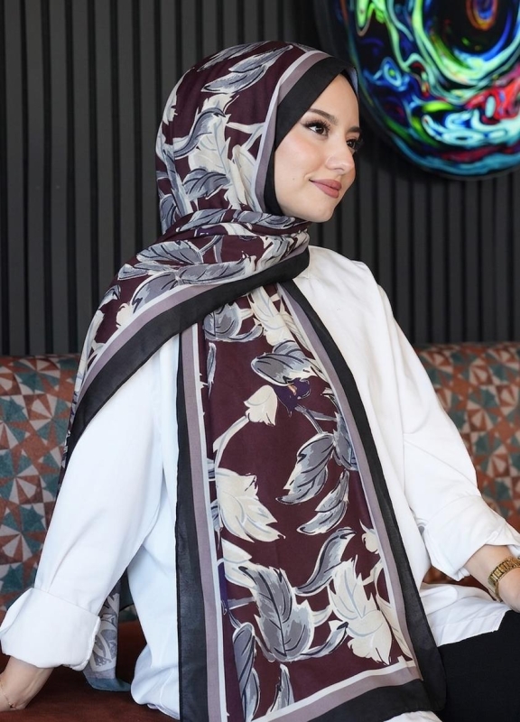 Lale Desen Bordo Soft Pamuk Şal - 1