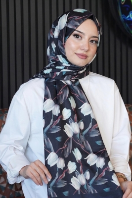 Lale Desen Siyah Soft Pamuk Şal - 1