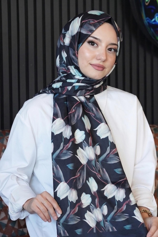 Lale Desen Siyah Soft Pamuk Şal - 1